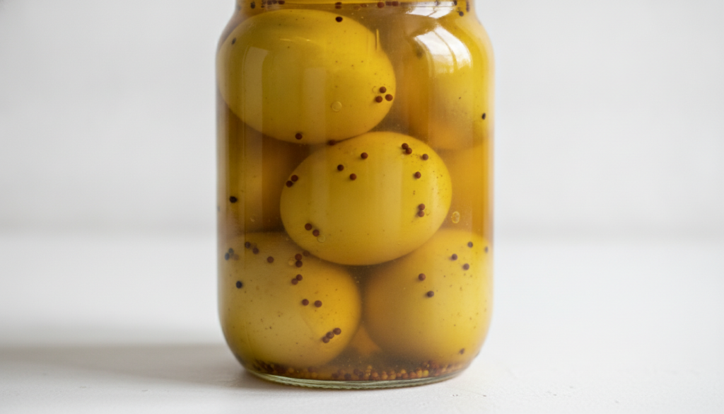 A glass jar filled with bright yellow curry pickled eggs The brine is visibly golden from curry powder and turmeric with