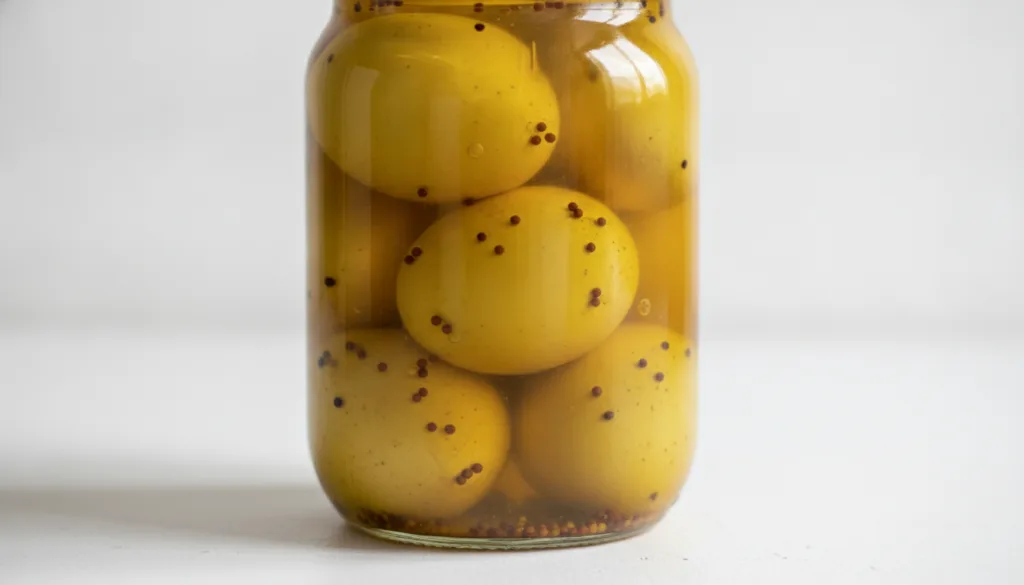A glass jar filled with bright yellow curry pickled eggs The brine is visibly golden from curry powder and turmeric with