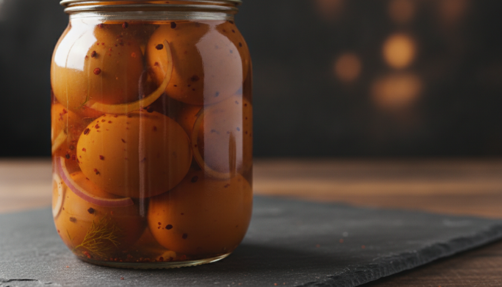 A glass jar filled with smoky pickled eggs showing a slightly amber-tinted brine with visible smoked paprika and perhaps