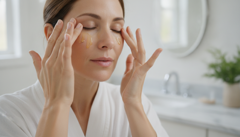 A woman gently massaging a few drops of the infused clove oil onto her face focusing on her forehead and around her eyes
