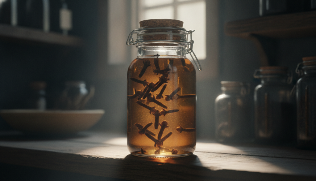 A close-up of a glass jar filled with whole cloves submerged in golden oil placed on a wooden shelf in a cool dark pantr