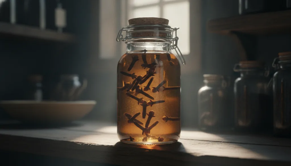 A close-up of a glass jar filled with whole cloves submerged in golden oil placed on a wooden shelf in a cool dark pantr