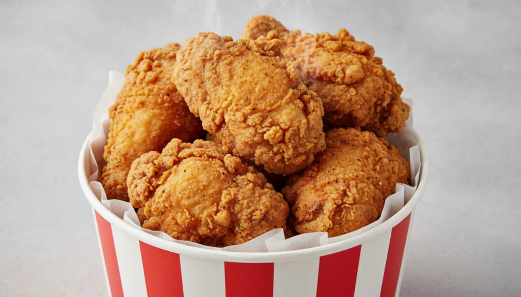 A bucket of KFC-style fried chicken with several pieces showing the distinctive craggy savory crust The chicken is golde