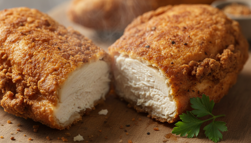 Close-up of a perfectly golden buttermilk fried chicken breast showing its craggy crispy texture and moist interior when