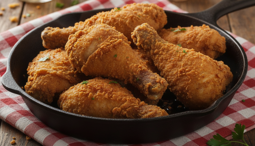 A skillet filled with golden-brown Southern fried chicken pieces glistening with oil on a checkered red and white tablec