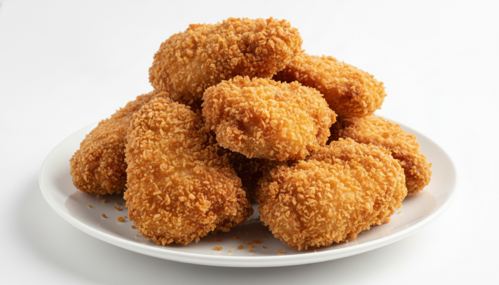 A plate of golden crunch fried chicken featuring a breaded coating that looks particularly coarse and crunchy perhaps wi