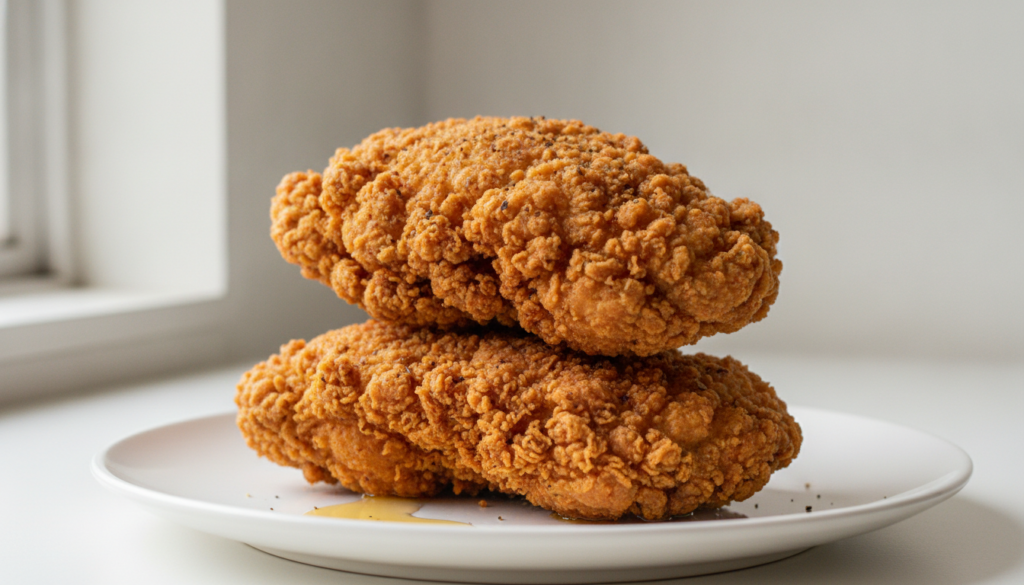 A stack of golden double-coated fried chicken pieces looking incredibly crunchy and substantial The background is simple