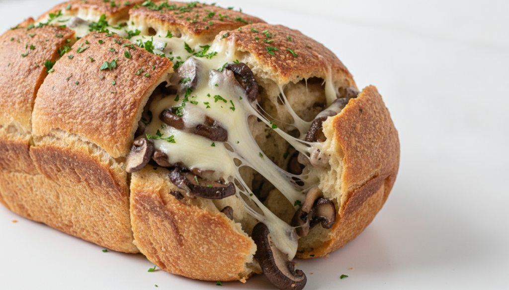 A warm cheesy pull-apart bread loaf stuffed with sautéed mushrooms and melted mozzarella garnished with fresh parsley Th