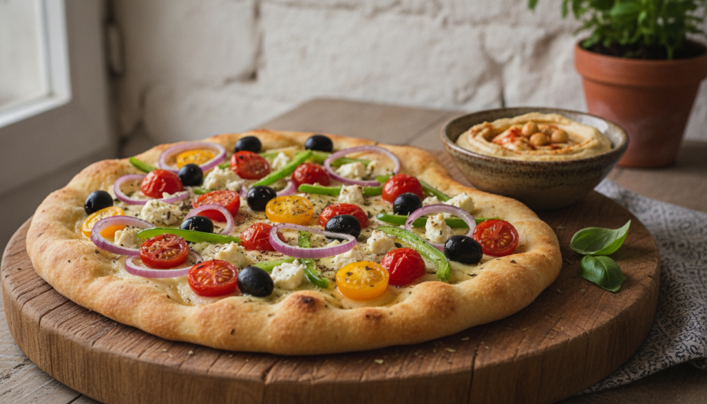 A vibrant Mediterranean veggie flatbread topped with cherry tomatoes olives red onion and crumbled feta on a rustic cutt