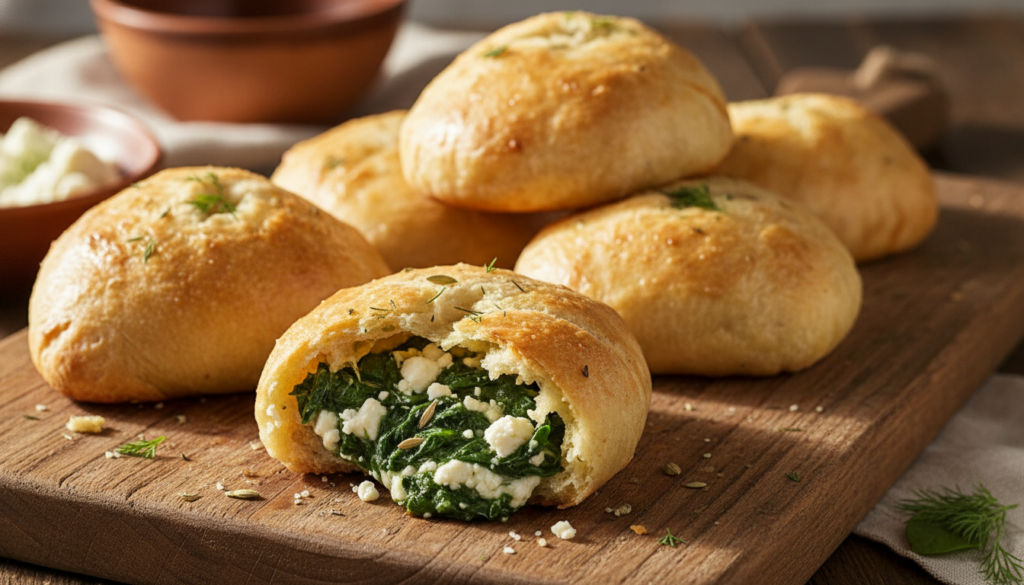 Golden-brown baked bread pockets filled with spinach and feta cheese arranged on a rustic wooden board Steam is gently r