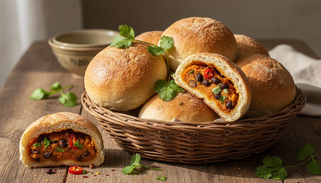 Warm fluffy baked buns filled with a savory sweet potato and black bean mixture arranged in a basket with a sprinkle of