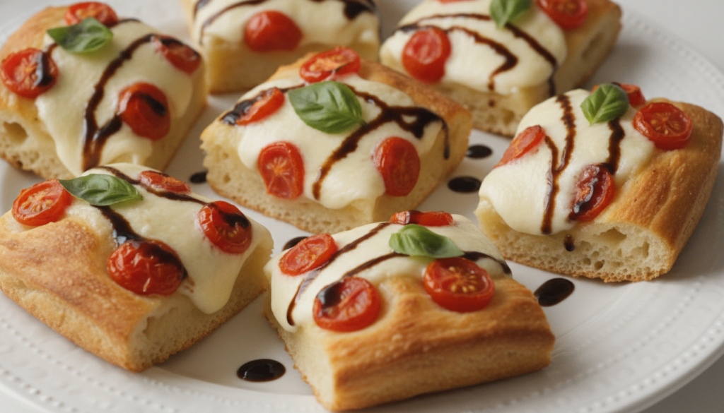Individual focaccia squares baked with melted fresh mozzarella and halved cherry tomatoes garnished with fresh basil lea