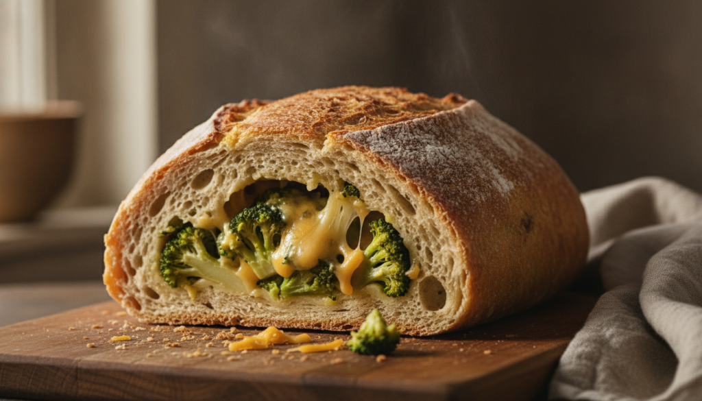 A cross-section of a golden-brown baked bread loaf filled with a creamy rich broccoli and sharp cheddar cheese mixture T