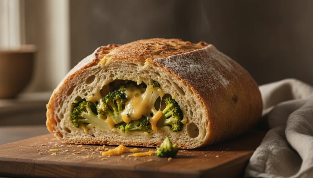 A cross-section of a golden-brown baked bread loaf filled with a creamy rich broccoli and sharp cheddar cheese mixture T