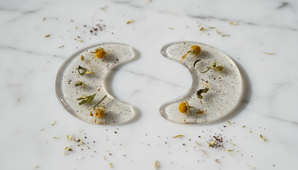A pair of translucent crescent-shaped cold eye patches with small specks visible placed neatly on a cool smooth surface 