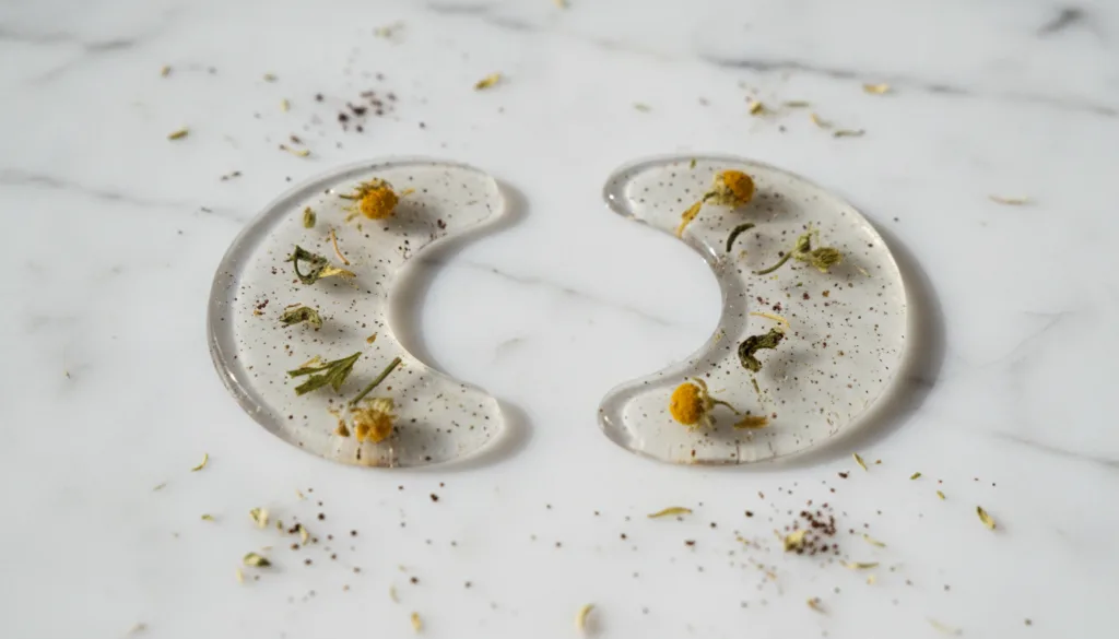 A pair of translucent crescent-shaped cold eye patches with small specks visible placed neatly on a cool smooth surface 