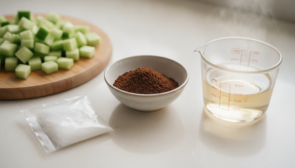 Close-up of the ingredients for DIY cold eye patches laid out on a clean counter instant coffee powder in a small bowl c