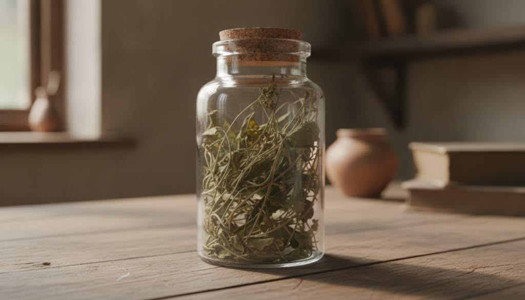 Dried Stone Breaker plant material in a clear glass jar on a rustic wooden surface