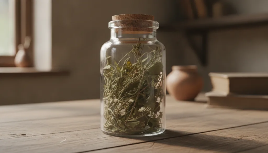 Dried Stone Breaker plant material in a clear glass jar on a rustic wooden surface