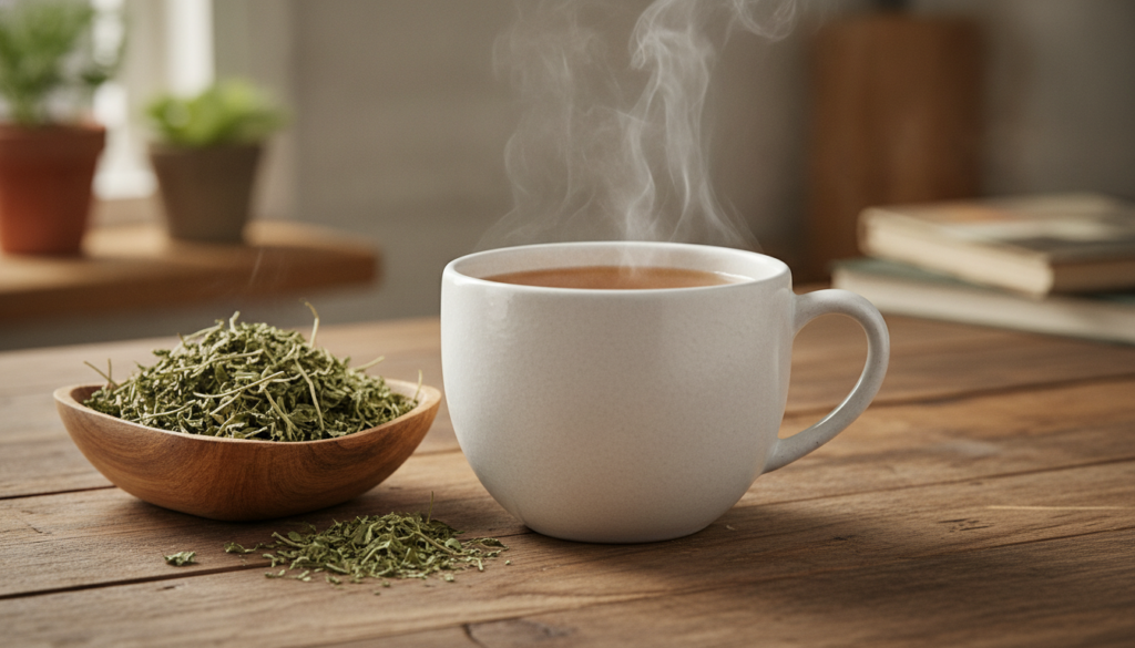 A white ceramic mug filled with amber-colored Stone Breaker tea with dried herbs visible nearby on a wooden table sugges