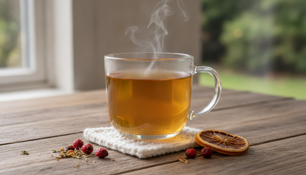 A clear glass mug of the brewed golden-amber heart support blend with a subtle steam rising on a rustic wooden table