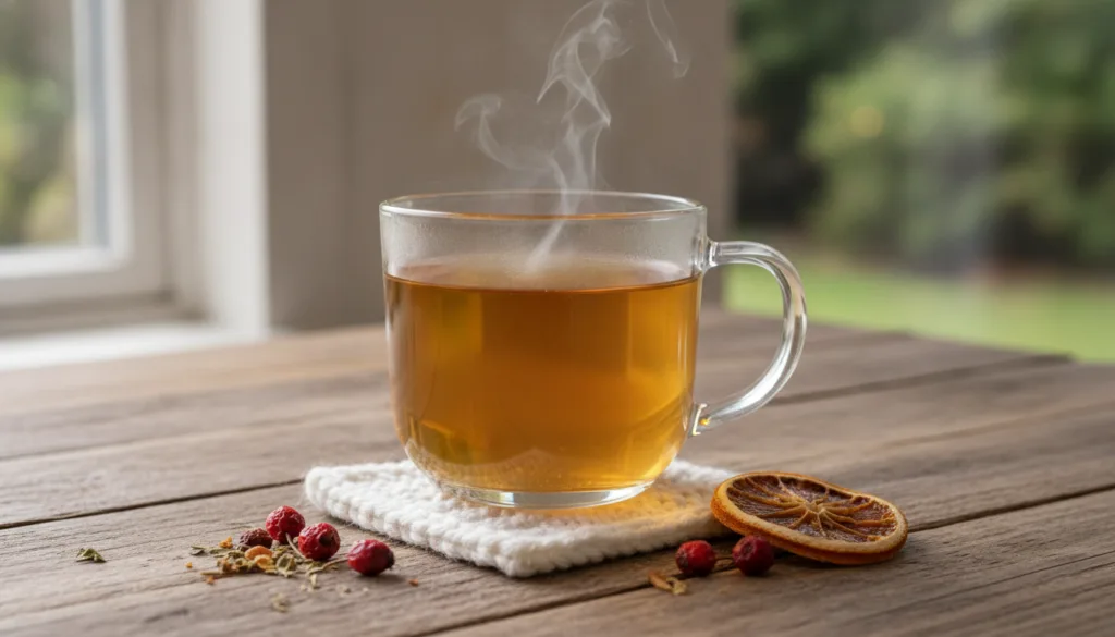 A clear glass mug of the brewed golden-amber heart support blend with a subtle steam rising on a rustic wooden table