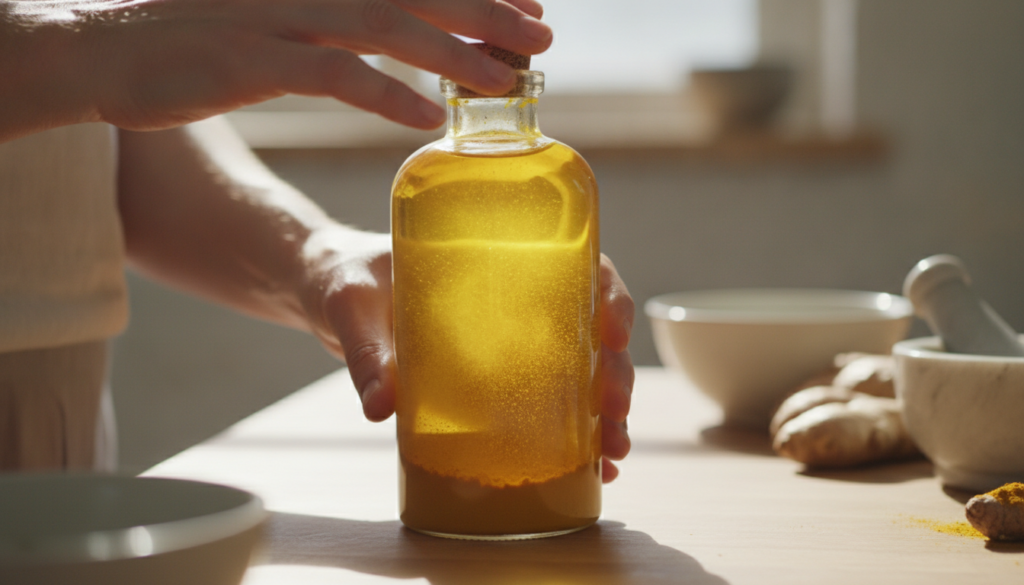 A person shaking a clear bottle containing a golden-yellow oil mixture with turmeric powder settling at the bottom symbo