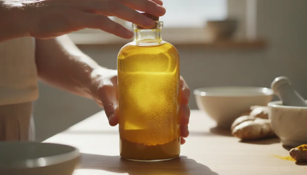 A person shaking a clear bottle containing a golden-yellow oil mixture with turmeric powder settling at the bottom symbo