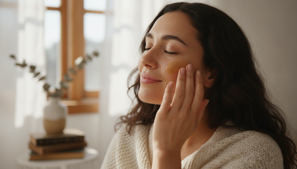 A woman gently massaging a golden oil onto her face showing a natural beauty routine with soft lighting