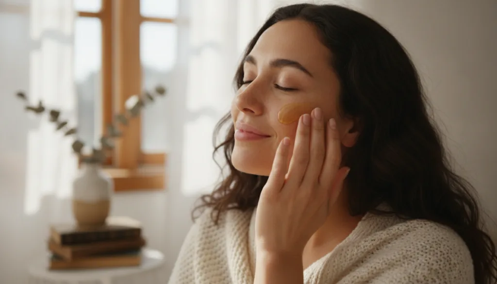 A woman gently massaging a golden oil onto her face showing a natural beauty routine with soft lighting