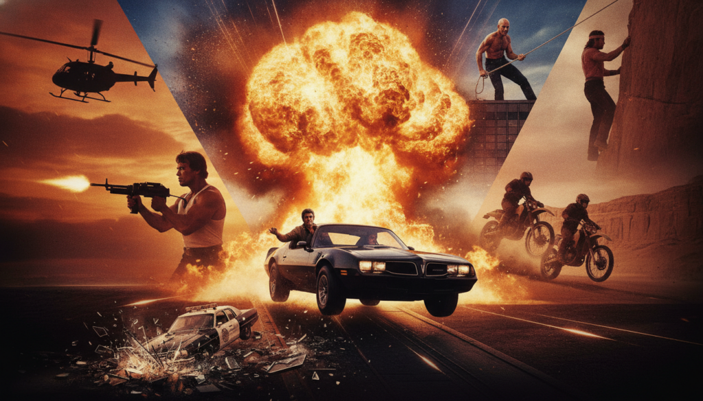 A montage of various iconic action movie moments from the 70s 80s and 90s showcasing explosions car chases and famous he