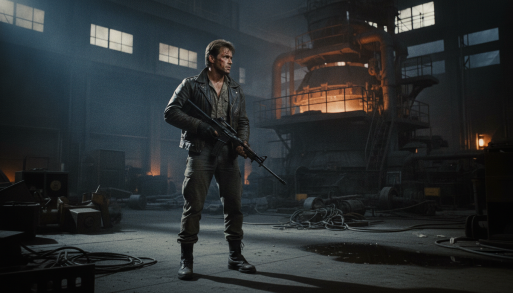 A gritty still frame from a classic 80s or 90s action movie featuring a recognizable determined action hero in a moment 
