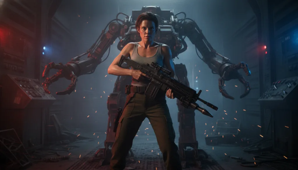 A still frame of a highly recognizable female character from a classic 70s 80s or 90s movie in an iconic pose or express