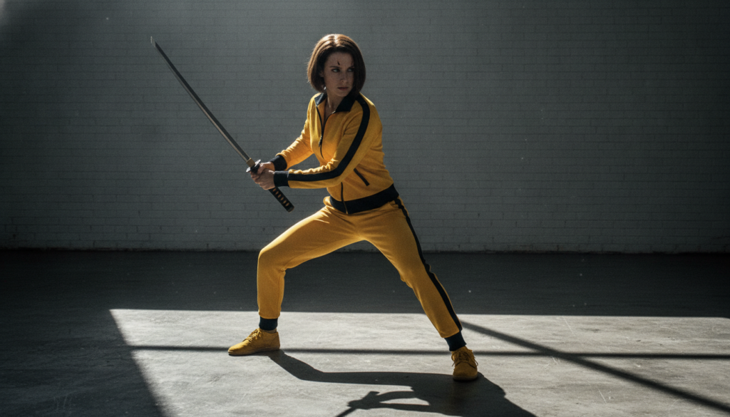 Beatrix Kiddo also known as The Bride in her signature yellow tracksuit wielding a samurai sword She is standing in a st