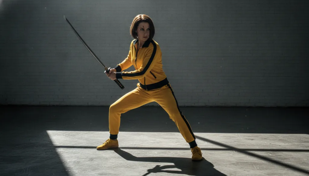 Beatrix Kiddo also known as The Bride in her signature yellow tracksuit wielding a samurai sword She is standing in a st