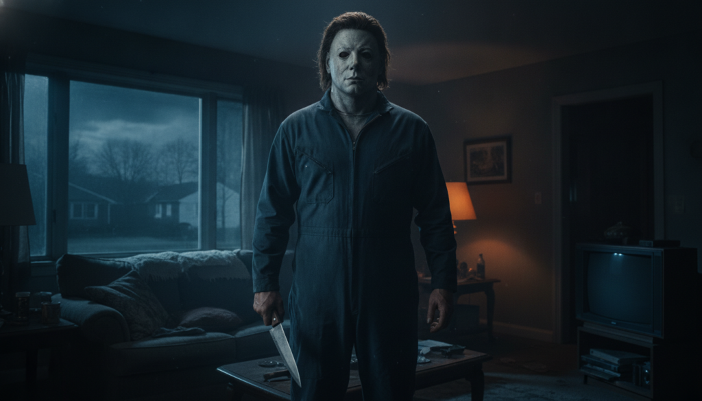 Michael Myers in his signature white mask and dark jumpsuit holding a knife standing in a dimly lit ominous setting