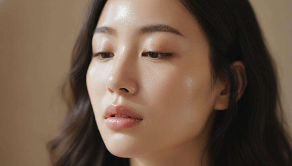 A close-up of a woman s face with bright smooth and hydrated glass skin showcasing a healthy glow
