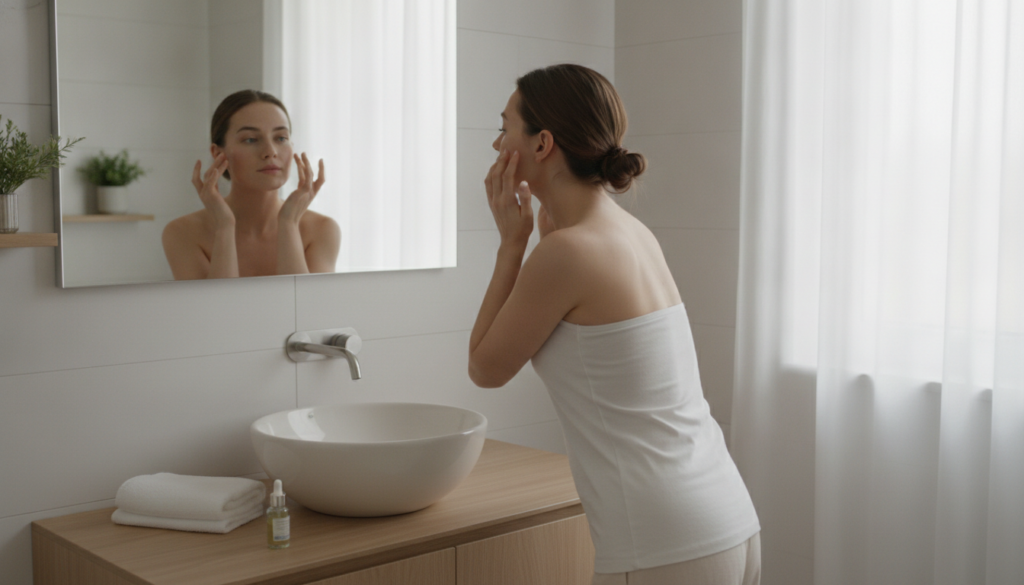 A woman gently applying a clear homemade toner or serum to her face looking in a mirror Her skin appears hydrated and ra