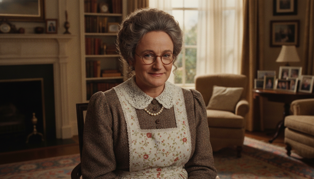 Mrs Doubtfire portrayed by Robin Williams in her full nanny disguise wearing a conservative dress wig and glasses with a
