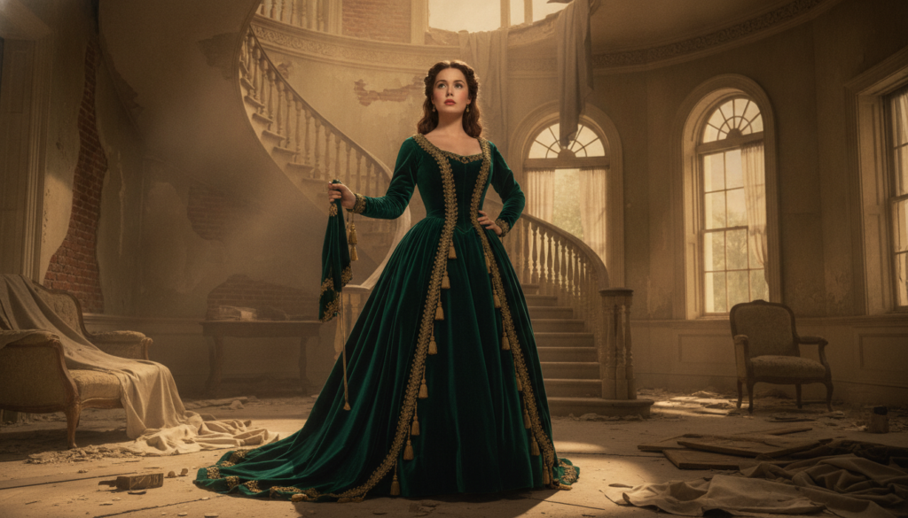 A beautiful determined Scarlett O Hara in her iconic green velvet curtain dress standing defiantly amidst the ruins of T