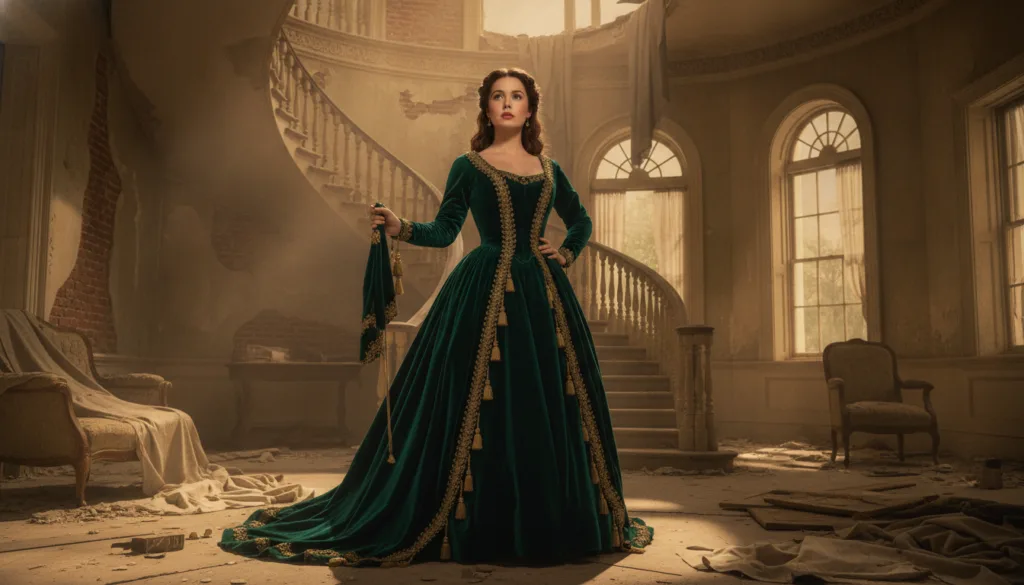 A beautiful determined Scarlett O Hara in her iconic green velvet curtain dress standing defiantly amidst the ruins of T