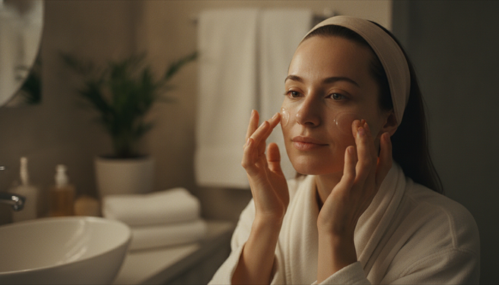 A woman applying a clear gel to her face at night showing a radiant relaxed expression