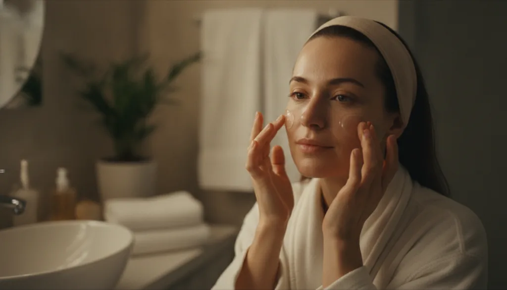 A woman applying a clear gel to her face at night showing a radiant relaxed expression