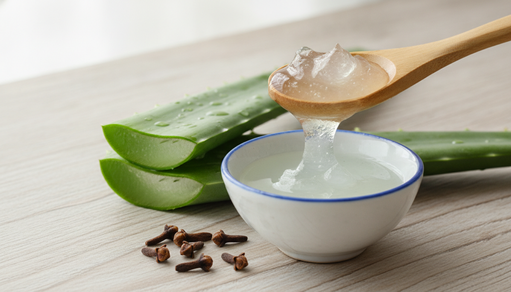Close-up of fresh aloe vera gel being scooped from a leaf into a small bowl with whole cloves scattered nearby