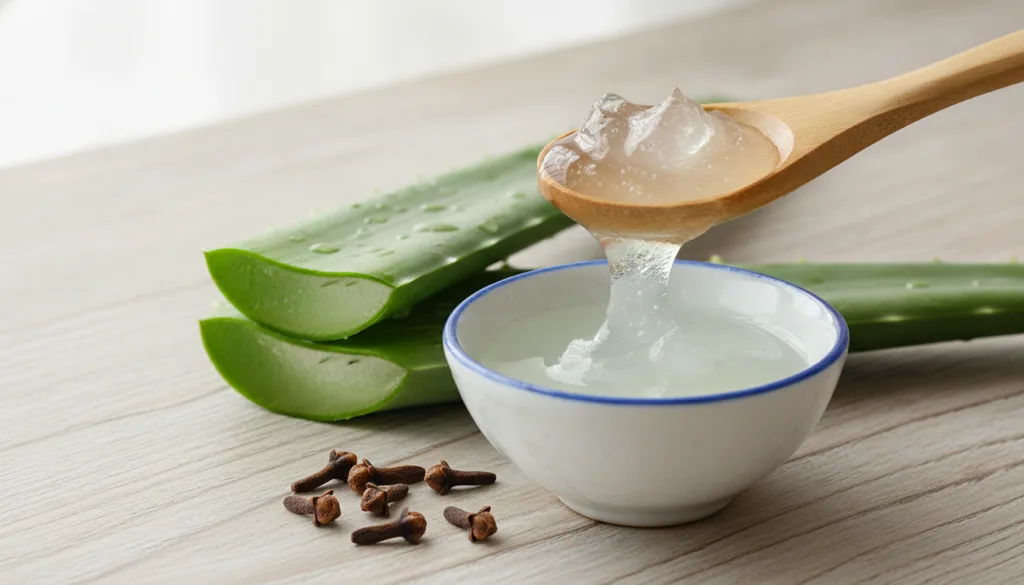 Close-up of fresh aloe vera gel being scooped from a leaf into a small bowl with whole cloves scattered nearby