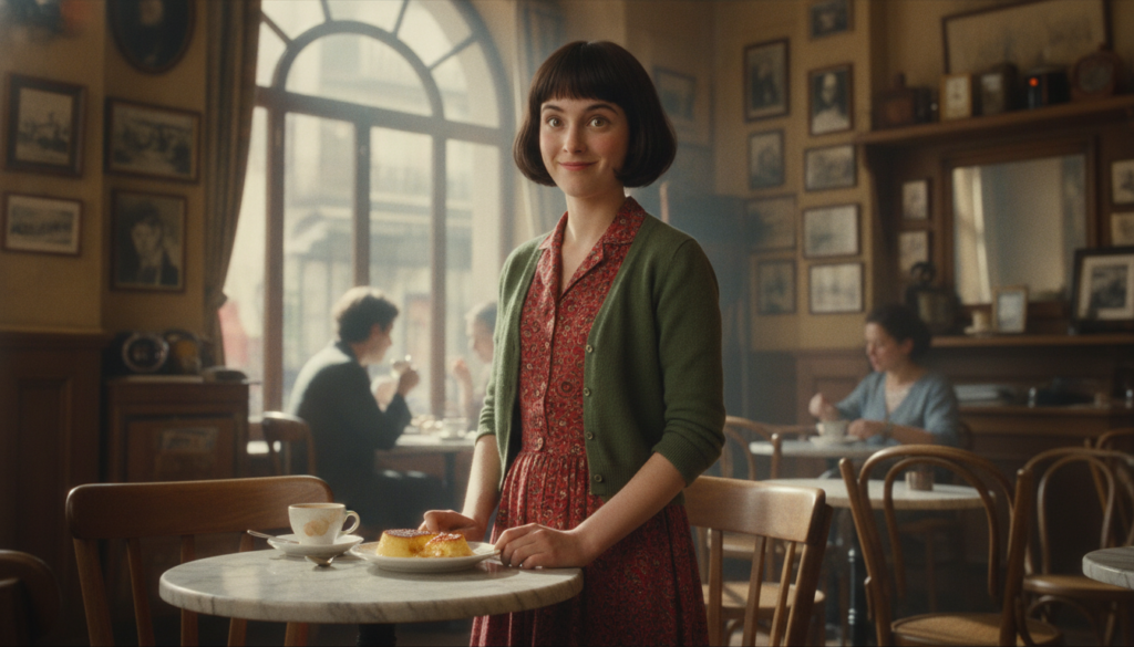 Amélie Poulain with her signature bob haircut and wide-eyed expression perhaps holding a creme brûlée or a garden gnome
