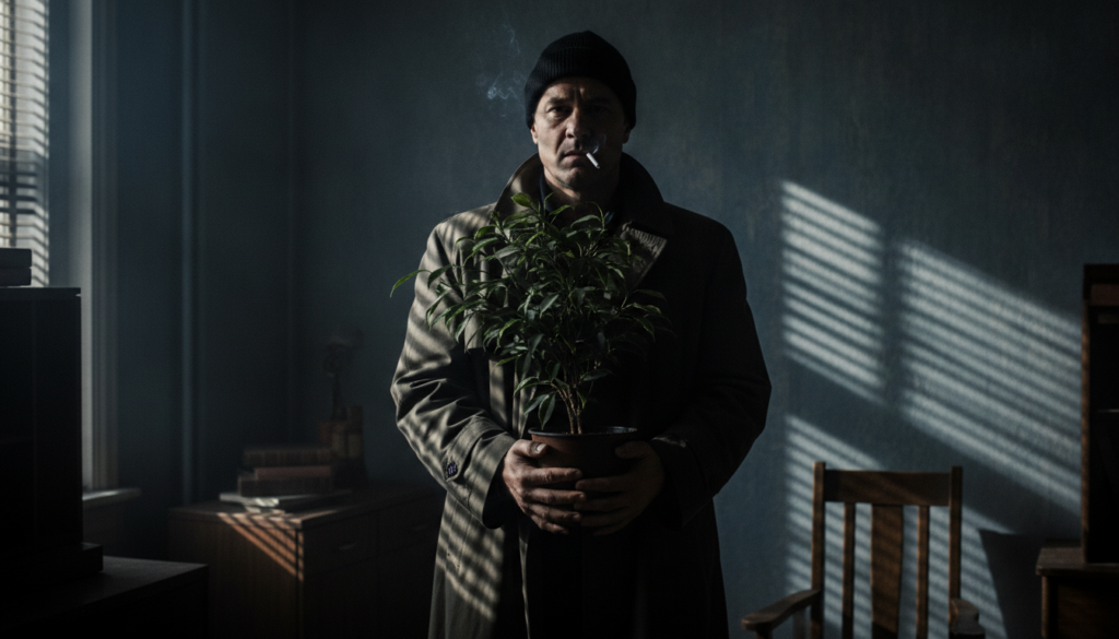 Léon the hitman with his signature potted plant in a dimly lit apartment setting