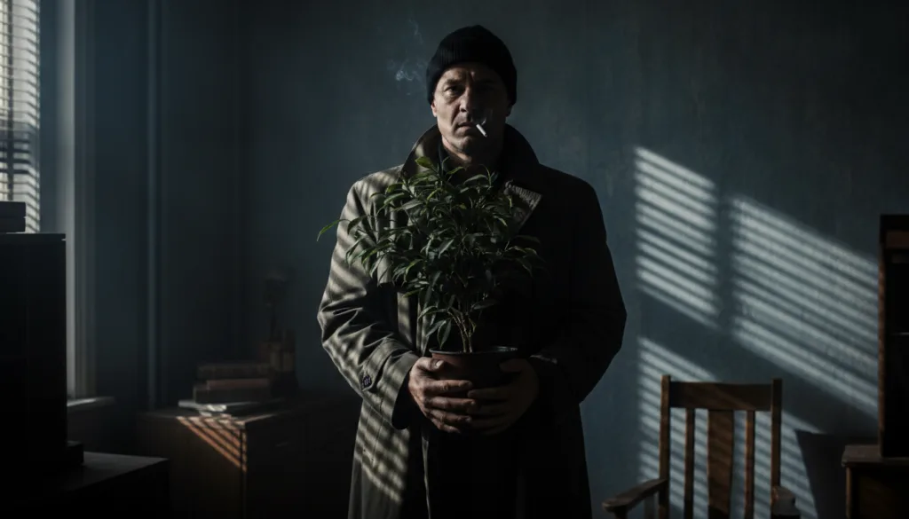 Léon the hitman with his signature potted plant in a dimly lit apartment setting