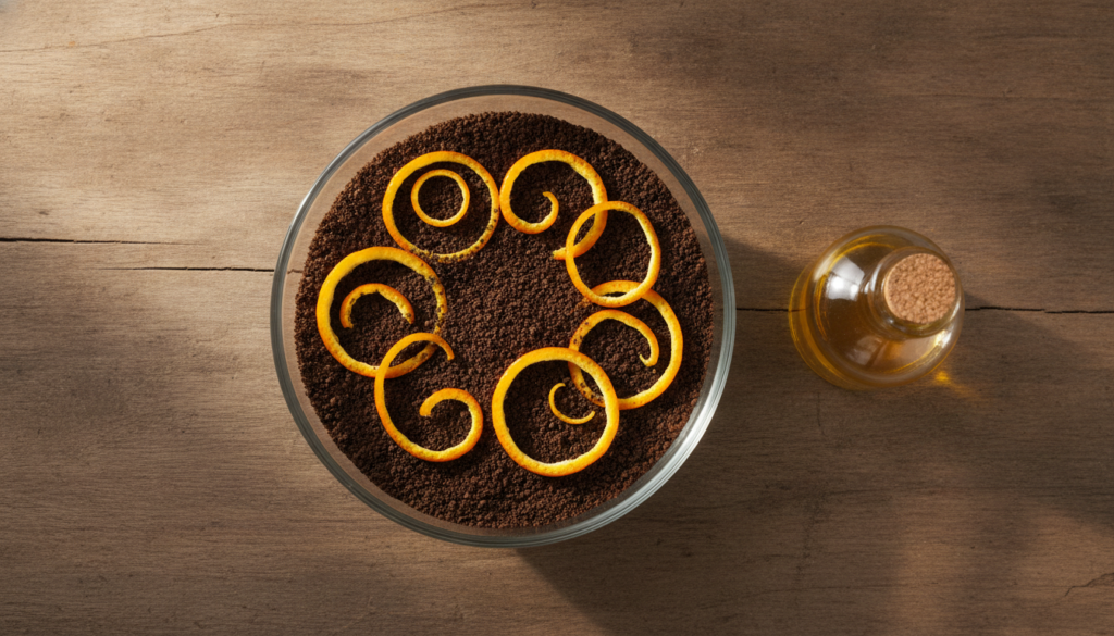 Ingredients for making DIY beauty oil a bowl of coffee grounds fresh orange peels and a bottle of carrier oil like olive