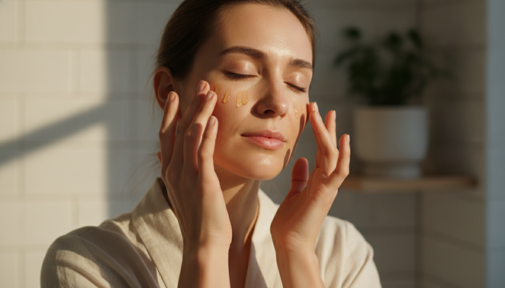 A woman gently massaging the homemade coffee and orange peel oil onto her face as part of her evening skincare routine w